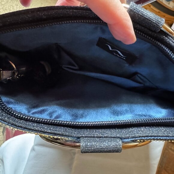 Nina Sandia Blue & Diamond Crystal Embellished Evening Bag w/Silver Rings Handle - Picture 14 of 16